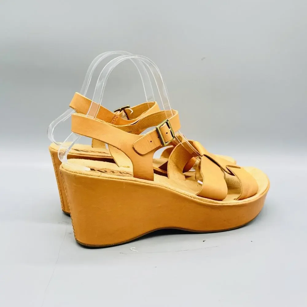 Korks Sandals Womens 10 Brown Leather Strappy Ankle Strap Platform Wedge Shoes